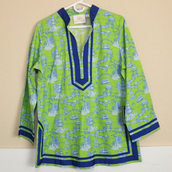 NWT Nicoblu Capri Tunic in Lime Green and Blue Scenic Toile Oriental Print Large - Picture 2 of 7